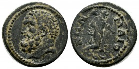 Lydia, Maeonia. Pseudo-autonomous issue. temp. Marcus Aurelius, AD 161-180. Æ (18mm, 4.06g). Bareheaded and bearded head of Herakles left / Omphale, n...
