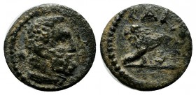 Lydia, Saitta. Pseudo-autonomous ca.193-268 AD. Æ (14mm, 1.45g). Bearded head of Herakles right, wearing lion's skin, club over shoulder. / CAIT. Lion...