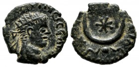 Mesopotamia, Carrhae. Caracalla, AD.198-217. Æ (15mm, 2.14g). Radiate head right. / KAPKO MHTPO. Star within crescent.