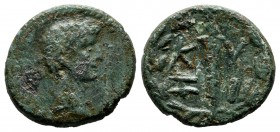 Mysia, Kyzikos. Augustus, 27 BC-14 AD. Æ (15mm, 2.71g). Bare male head right. // K-Y/Z-I, torch, all within laurel wreath. RPC I 2244; SNG France 621;...