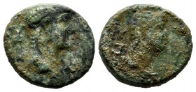 Mysia, Kyzikos. Nero, AD.54-68. Æ (14mm, 3.06g). NEPΩN. Bare head of Nero right; in left field ΦΥ monogram / K-Y-Z-I, draped bust of wife of Nero (Sta...