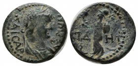 Pamphylia, Side. Nero, AD.54-68. Æ (18mm, 3.80g). NEPΩN KAICAP. Draped bust right / CIΔHT. Athena advancing left, holding shield in left hand and spea...