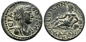 Phriygia, Themisonium. Pseudo-autonomous. ca.3rd century. Æ (22mm, 6.76g). Veiled and draped bust of Boule right. / River god Kazanes reclining left, ...