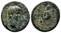 Phrygia, Akmoneia. Nero, AD.54-68. Æ (18mm, 2.83g). (c.AD.62); Lucius Servenius Capito, archon, with his wife, Julia Severa. NEPON KAICAP CEBACTOC. La...