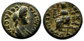Phrygia, Eumeneia. Domitia Longina (wife of Domitian), AD.81-96. Æ (16mm, 3.09g). ΔOMITIA CEBACTH. Draped bust right. / KΛ TEΡENTVΛΛA AΡXI EVMENEΩN. K...