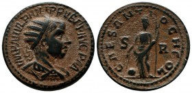 Pisidia, Antiochia. Philip II AD.247-249. Æ (26mm, 10.52g). IMP M IVL PHILIPPVS PF AVG PM. Radiate, draped, and cuirassed bust right, seen from behind...