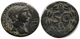 Seleucis and Pieria, Antiochia ad Orontem. Trajan AD 98-117. Æ As (22mm, 5.68g). Struck AD 102-114. Laureate head right / Large S•C; B below; all with...