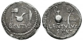 Brutus. Early 42 BC. AR Denarius (18mm, 3.32g). Military mint. Probably at Smyrna. P. Cornelius Lentulus Spinther, legate. Securis, simpulum, and sece...