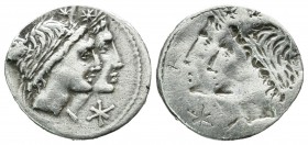Mn. Fonteius, 108-107 BC. AR Denarius (17mm, 3.13g). Obverse brockage. Rome mint. Jugate, laureate heads of the Dioscuri right; two stars above, mark ...