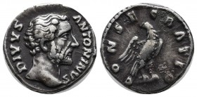 Antoninus Pius (Divus ) AD 161. AR Denarius (16mm, 3.36g). Rome. DIVVS ANTONINVS, bare head right / CONSECRATIO, Eagle standing right, head left, on g...