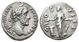 Antoninus Pius. AD 148-149. AR Denarius (18mm, 3.43g). Rome. ANTONINVS AVG PIVS P P TR P XI, laureate head right / COS IIII, Salus standing facing, he...
