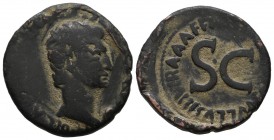 Augustus, 27 BC-AD.14, Rome. Æ (27mm, 10.52g). CAESAR AVGVST PONT MAX TRIBVNIC PONT. Bare head right. / M MAECILIVS TVLLVS IIIVIR AAAFF; S.C. RIC 435;...