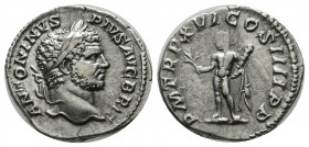 Caracalla, AD.198-217. AR Denarius (18mm, 3.26g). Rome mint. Struck 213 AD. ANTONINVS PIVS AVG BRIT. Laureate head right. / P M TR P XVI COS IIII P P....