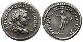 Caracalla, AD.211-217. AR Antoninianus (23mm, 4.77g). Rome. ANTONINVS PIVS AVG GERM. Radiate and draped bust right. / PM TRP XVIIII COS IIII PP. Sol s...