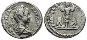 Caracalla, AD.211-217. AR Denarius (18mm, 3.49g). Rome. ANTONINVS PIVS AVG, laureate and draped bust right / PART MAX PONT TR P IIII, two captives sea...