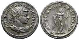 Caracalla, AD.216. AR Denarius (22mm, 4.56g). Rome. ANTONINVS PIVS AVG GERM, laureate bust right / P M TR P XVIIII COS IIII P P, Jupiter standing faci...