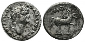 Domitian (caesar), AD.69-81. AR Denarius (18mm, 3.31g). Rome. CAESAR AVG F DOMITIANVS. Laureate head right. / COS IIII. Pegasus advancing right. RIC² ...