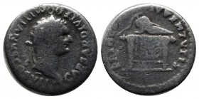 Domitian (caesar), AD.69-81. AR Denarius (17mm, 2.86g). Rome, AD 80-81. Laureate head right. / Crested Corinthian helmet on draped pulvinar. RIC II 27...