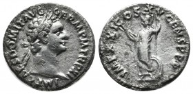 Domitian, AD 81-96. AR Denarius (17mm, 3.18g). Rome. IMP CAES DOMIT AVG GERM P M TR P X, laureate head right / IMP XXI COS XV CENS P P P, Minerva stan...