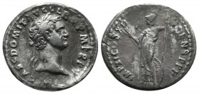 Domitian, AD 81-96. AR Denarius (20mm, 3.15g). Rome. Struck AD 86. Laureate head right / Minerva standing left, holding thunderbolt and spear; shield ...