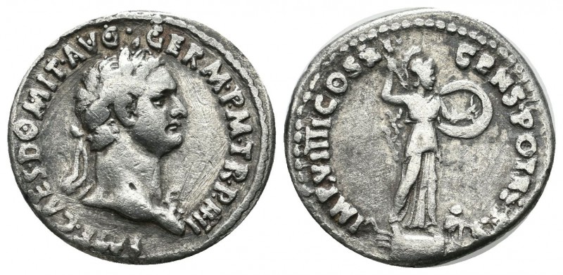 Domitian, AD.81-96. AR Denarius (20mm, 2.60g). Rome. IMP CAES DOMIT AVG GERM P M...