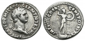 Domitian, AD.81-96. AR Denarius (20mm, 2.60g). Rome. IMP CAES DOMIT AVG GERM P M TR P V, laureate head right / IMP VIIII COS XI CENS POT P P, Minerva ...