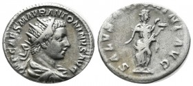 Elagabalus, AD.218-222. AR Antoninianus (21mm, 4.48g). Rome. IMP CAES M AVR ANTONINVS AVG. Radiate, draped and cuirassed bust right. / SALVS ANTONINI ...