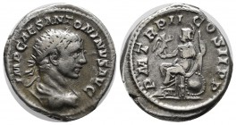Elagabalus, AD.218-222. AR Antoninianus (23mm, 5.53g). Rome. IMP CAES ANTONINVS AVG. Radiated draped bust right. / PM TR P II COS II PP. Roma seated l...