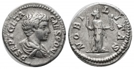 Geta (as Caesar), AD.197-209. AR Denarius (18mm, 3.31g). Rome. P SEPT GETA CAES PONT, bare-headed and draped bust right / NOBILITAS, Nobilitas standin...