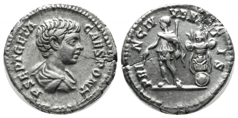 Geta, AD.198-211. AR Denarius (18mm, 3.35g). Rome. P SEPT GETA CAES PONT, bare-h...