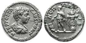 Geta, AD.198-211. AR Denarius (18mm, 3.35g). Rome. P SEPT GETA CAES PONT, bare-headed, draped and cuirassed bust right / PRINC IVVENTVTIS, Geta, in mi...