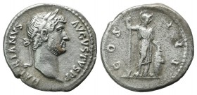 Hadrian, AD.117-138. AR Denarius (17mm, 2.94g). Rome. Struck AD. 128-132. HADRIANVS AVGVSTVS PP, laureate head right / COS III, Minerva standing right...