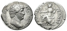 Hadrian, AD.117-138. AR Denarius (17mm, 3.34g). Rome. HADRIANVS AVG COS III PP. Bare head right. / ROMAE AE-TERNAE. Roma seated left, holding palladiu...
