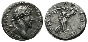 Hadrian, AD.117-138. AR Denarius (12mm, 3.36g). Rome. IMP CAESAR TRAIAN HADRIANVS AVG, laureate and draped bust right / P M TR P COS III, Victory flyi...