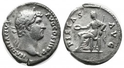Hadrian, AD.117-138. AR Denarius (18mm, 3.21g). Rome. HADRIANVS AVG COS III P P, laureate head right / PIETAS AVG, Pietas seated left with scepter and...