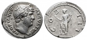 Hadrian, AD.117-138. AR Denarius (18mm, 3.26g). Rome. HADRIANVS AVGVSTVS. Laureate bust right, with slight drapery. / COS III. Annona standing left, w...