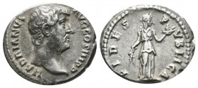 Hadrian, AD.134-138. AR Denarius (18mm, 3.43g). Rome. HADRIANVS AVG COS III P P, bare head right / FIDES PVBLICA, Fides standing right, holding grain ...