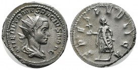 Herennius Etruscus, AD.251-251. AR Denarius (23mm, 3.95g). Rome. Q HER ETR MES DECIVS NOB C, Radiate and draped bust right / SPES PVBLICA Spes advanci...