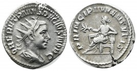 Herennius Etruscus, AD.249-251. AR Antoninianus (22mm, 3.26g). Rome. Q HER ETR MES DECIVS NOB C. Radiate and draped bust right. / PRINCIPI IVVENTVTIS....