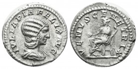 Julia Domna, AD.193-211. AR Denarius (18mm, 3.11g). Rome. IVLIA PIA FELIX AVG, draped bust of Julia right / VENVS GENETRIX, Venus enthroned left, hold...