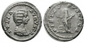 Julia Domna (Augusta), AD.193-217. AR Denarius (19mm, 3.48g). Rome. IVLIA AVGVSTA. Draped bust right. / PIETAS PVBLICA. Pietas standing left, orans; l...