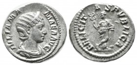 Julia Mamaea, AD.225-235. AR Denarius (19mm, 2.82g). Rome. IVLIA MAMAEA AVG, diademed and draped bust right / FELICITAS PVBLICA, Felicitas standing fa...