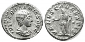 Julia Soaemias, AD.218-222. AR Denarius (19mm, 3.14g). Rome. IVLIA SOAEMIAS AVG, draped bust right / VENVS CAELESTIS, Venus Caelestis standing facing,...