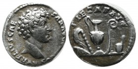 Marcus Aurelius (as Caesar) AD.139-161. AR Denarius (16mm, 3.23g). Rome. AVRELIVS CAESAR AVG PII F COS, bare head right / PIETAS AVG, knife, sprinkler...