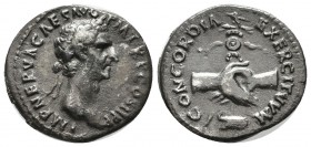 Nerva, AD.96-98. AR Denarius (19mm, 3.47g). Rome. IMP NERVA CAES AVG P M TR P COS III P P. Laureate head right. / CONCORDIA EXERCITVVM. Clasped right ...