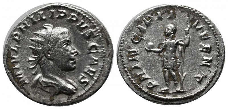 Philip II AD.247-249. AR Denar (22mm, 3.78g). Rome. M IVL PHILPPVS CAES, radiate...