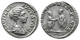 Plautilla, AD.202-205. AR Denarius (17mm, 3.23g). Rome. PLAVTILLAE AVGVSTAE, draped bust right / CONCORDIAE AETERNAE, Plautilla and Caracalla standing...