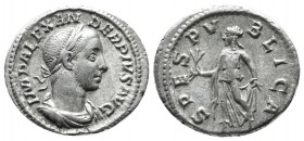 Severus Alexander, AD.222-235. AR Denarius (19mm, 2.87g). Rome. IMP ALEXANDER PIVS AVG, laureate, draped, and cuirassed bust right / SPES PVBLICA, Spe...