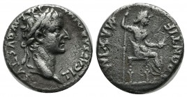 Tiberius, AD.14-37. AR Denarius (17mm, 3.49g). Lugdunum. "Tribute Penny" type. TI CAESAR DIVI AVG F AVGVSTVS. Laureate head right. / PONTIF MAXIM. Liv...