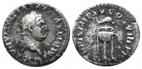Titus, AD.79-81. AR Denarius (17mm, 2.92g). Rome. IMP TITVS CAES VESPASIAN AVG P M. Laureate head right. / TR P IX IMP XV COS VIII P P. Dolphin set on...